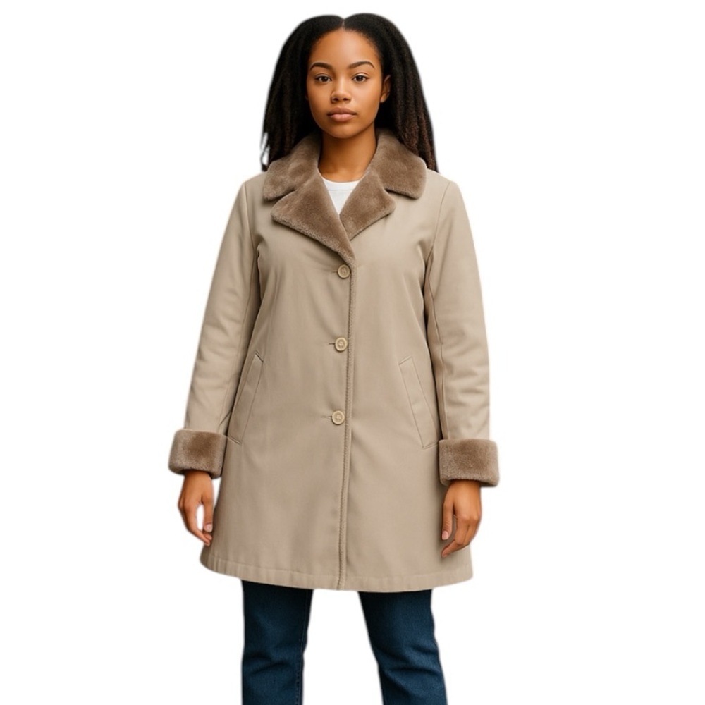 London Fog faux-fur lined tan vintage trench coat in size 10 M